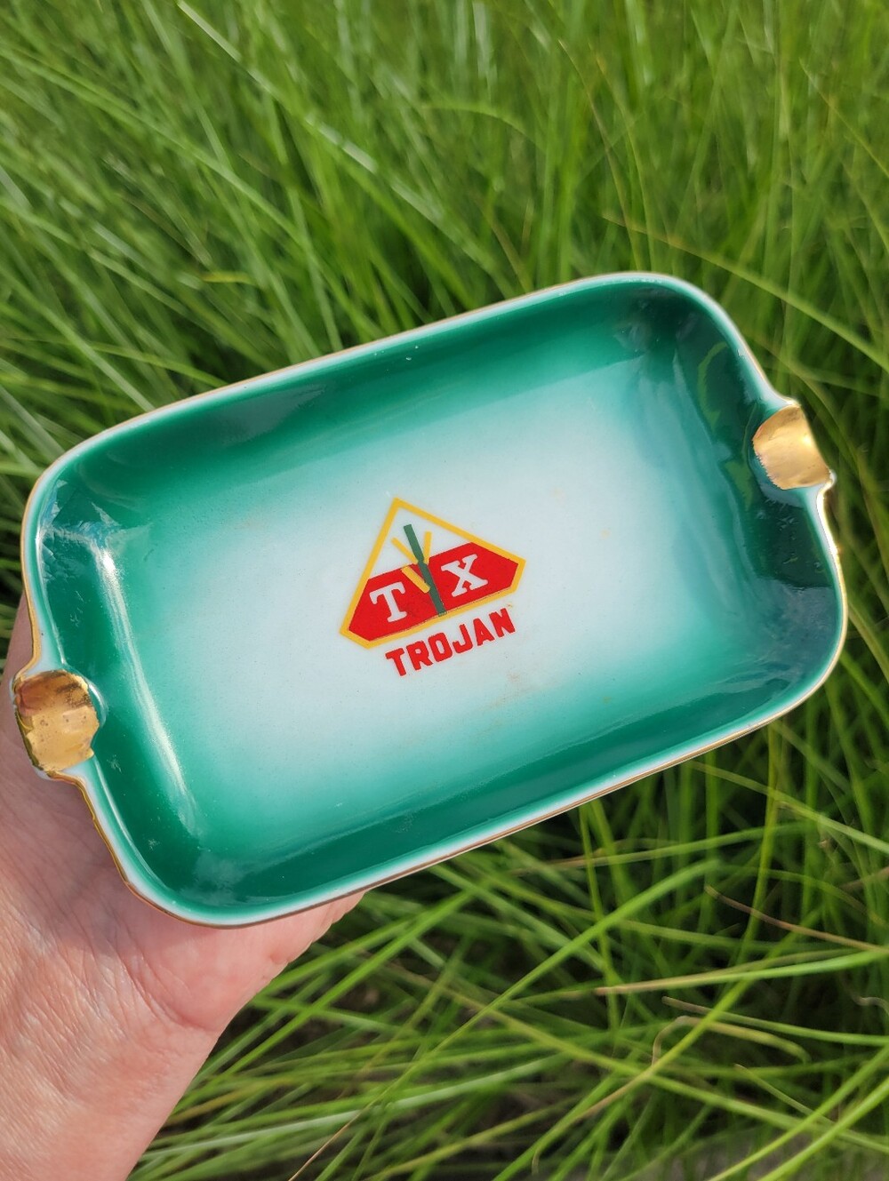 Vintage Trojan TX Seed Company Ceramic Ashtrays Key Trinket Dish (2)